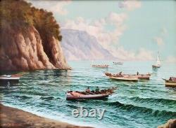 Marine-landscape Napolitan Coast, Ancient Italian Oil Painting Signed