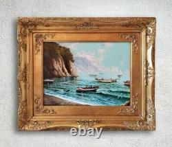 Marine-landscape Napolitan Coast, Ancient Italian Oil Painting Signed