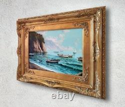 Marine-landscape Napolitan Coast, Ancient Italian Oil Painting Signed