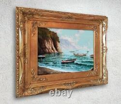 Marine-landscape Napolitan Coast, Ancient Italian Oil Painting Signed