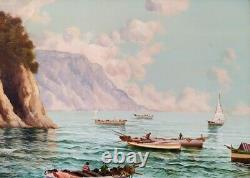 Marine-landscape Napolitan Coast, Ancient Italian Oil Painting Signed