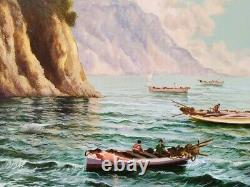 Marine-landscape Napolitan Coast, Ancient Italian Oil Painting Signed