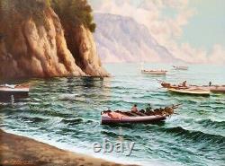 Marine-landscape Napolitan Coast, Ancient Italian Oil Painting Signed