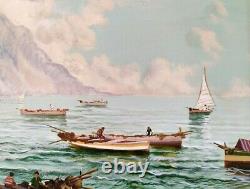 Marine-landscape Napolitan Coast, Ancient Italian Oil Painting Signed