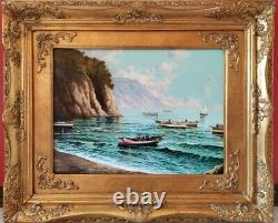 Marine-landscape Napolitan Coast, Ancient Italian Oil Painting Signed