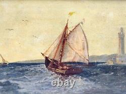 Marine painting by J. H. ALLEMAND Oil on wood HSB XIX boats landscape Marseille 6M
