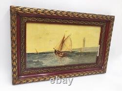 Marine painting by J. H. ALLEMAND Oil on wood HSB XIX boats landscape Marseille 6M