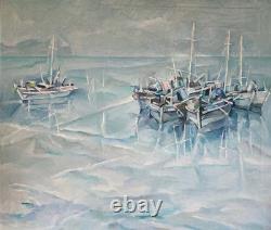 Marine painting signed, oil on old canvas, wooden frame with gilded molding