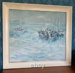 Marine painting signed, oil on old canvas, wooden frame with gilded molding