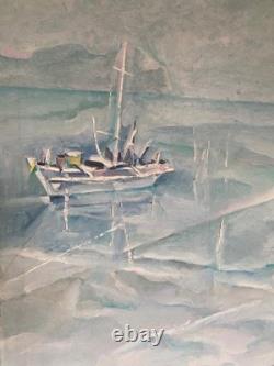 Marine painting signed, oil on old canvas, wooden frame with gilded molding