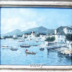 Maritime Festival in a Port Oil Painting on Wood Signed Silver Frame 40 x 45 cm
