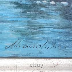 Maritime Festival in a Port Oil Painting on Wood Signed Silver Frame 40 x 45 cm