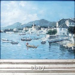 Maritime Festival in a Port Oil Painting on Wood Signed Silver Frame 40 x 45 cm