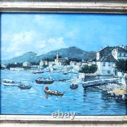 Maritime Festival in a Port Oil Painting on Wood Signed Silver Frame 40 x 45 cm