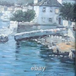 Maritime Festival in a Port Oil Painting on Wood Signed Silver Frame 40 x 45 cm