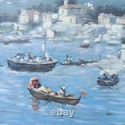 Maritime Festival in a Port Oil Painting on Wood Signed Silver Frame 40 x 45 cm