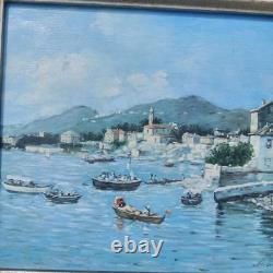 Maritime Festival in a Port Oil Painting on Wood Signed Silver Frame 40 x 45 cm