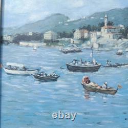 Maritime Festival in a Port Oil Painting on Wood Signed Silver Frame 40 x 45 cm