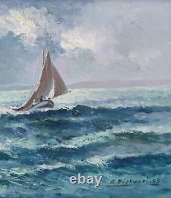 Maritime Painting, Marine, Sailboat at Sea, Old Oil Painting Signed