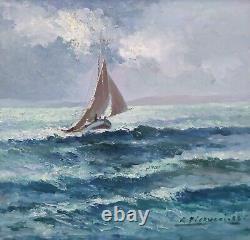 Maritime Painting, Marine, Sailboat at Sea, Old Oil Painting Signed