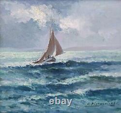 Maritime Painting, Marine, Sailboat at Sea, Old Oil Painting Signed