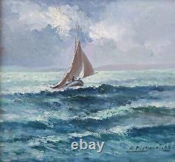 Maritime Painting, Marine, Sailboat at Sea, Old Oil Painting Signed