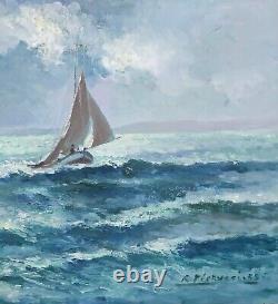 Maritime Painting, Marine, Sailboat at Sea, Old Oil Painting Signed