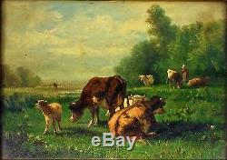 Meadow And Cows. Oil S. Panel. Andrés Cortés (aguilar). Spain Circa 1850