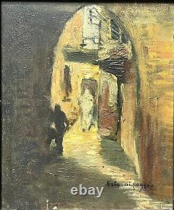 Medina Alley Casablanca Morocco Oil on Wood 20th Century