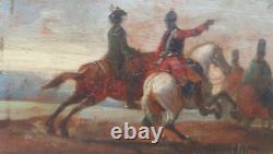 Military Painting Tableau Cavalry Soldiers Oil on Wood 18th Century