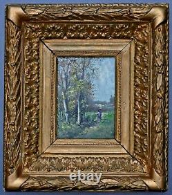 Miniature Table Oil School Of Barbizon Oil Painting 19th Key Frame Landscape