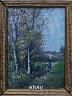 Miniature Table Oil School Of Barbizon Oil Painting 19th Key Frame Landscape