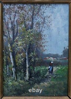 Miniature Table Oil School Of Barbizon Oil Painting 19th Key Frame Landscape