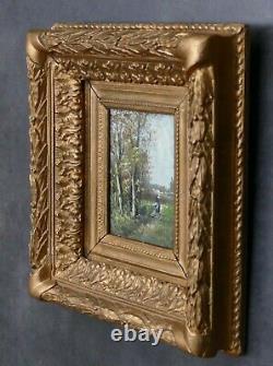 Miniature Table Oil School Of Barbizon Oil Painting 19th Key Frame Landscape