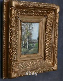 Miniature Table Oil School Of Barbizon Oil Painting 19th Key Frame Landscape