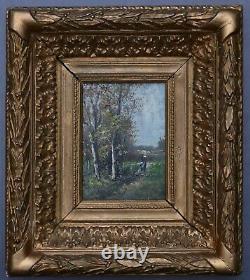 Miniature Table Oil School Of Barbizon Oil Painting 19th Key Frame Landscape