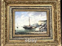 Miss Rose Marine Oil on Panel Coastal Rocky Frame Wood Signed Miss