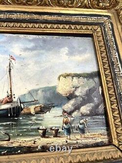 Miss Rose Marine Oil on Panel Coastal Rocky Frame Wood Signed Miss