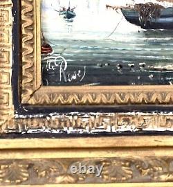 Miss Rose Marine Oil on Panel Coastal Rocky Frame Wood Signed Miss