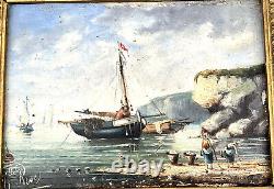 Miss Rose Marine Oil on Panel Coastal Rocky Frame Wood Signed Miss