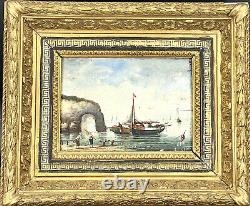 Miss Rose Navy Oil on Panel Rocky Coast Wooden Frame Signed Miss