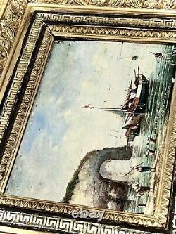 Miss Rose Navy Oil on Panel Rocky Coast Wooden Frame Signed Miss