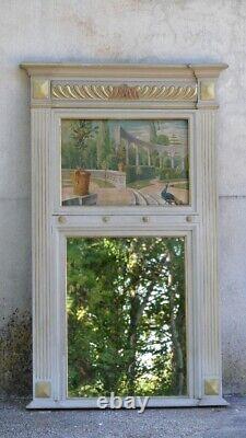 Neoclassical Lacquered and Gilded Wooden Trumeau, Oil on Canvas of an Italian Garden