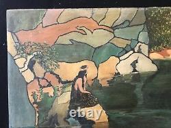 New Art Large Painting On Wood Signed Illegible 90 CM By 47.7 Circa 1900