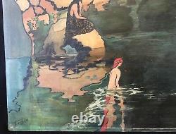 New Art Large Painting On Wood Signed Illegible 90 CM By 47.7 Circa 1900