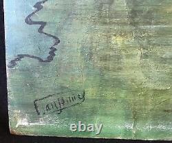 New Art Large Painting On Wood Signed Illegible 90 CM By 47.7 Circa 1900
