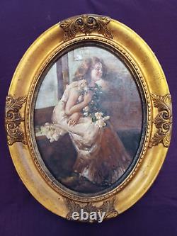 Nice Oil On Canvas Signed, Old Oval Frame In Golden Wood. Art Nouveau. #noel