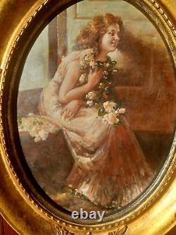 Nice Oil On Canvas Signed, Old Oval Frame In Golden Wood. Art Nouveau. #noel