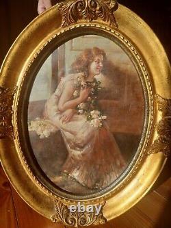 Nice Oil On Canvas Signed, Old Oval Frame In Golden Wood. Art Nouveau. #noel