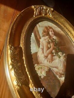 Nice Oil On Canvas Signed, Old Oval Frame In Golden Wood. Art Nouveau. #noel